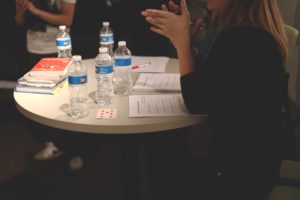 bottles of water on a table